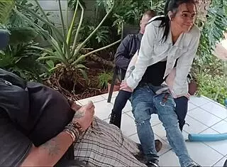 horny stepbrother penetrates virgin stepsister in bedroom mmf threesome while friend masturbates and cums on her natural tits