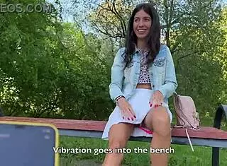 hey friend, can you control my orgasms in public with this toy while i'm in miniskirt flashing petite tits in garden forest?