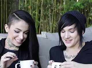 Beautiful Lesbo Tattoed Girl Sucking And Licking Shaved Pussy