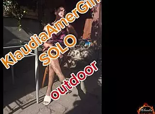 Bold Intense Brunette Masturbates Outdoors with Natural Tits in Stockings