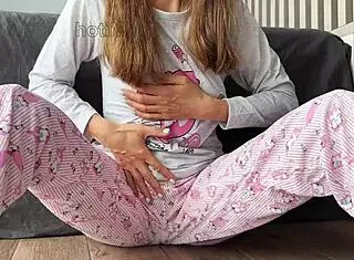 Skinny babe in pajamas masturbates her small 18+ tits, fingers pussy closeup, and squirts orgasm! 💦