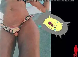 Blonde mature milf in bikini dances erotically in the garden. She teases her big natural tits and wet clit for webcam viewers at home.