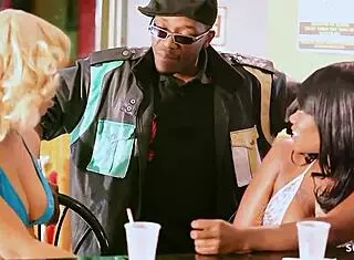 two blond and black ebony bitches with big natural tits give one boy a double blowjob at ffm 3some at public place... oh yeah, they ride and suck that monster cock sloppily!!