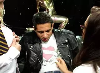 Cosplay uniform ffm threesome with two big boobs girls riding cock