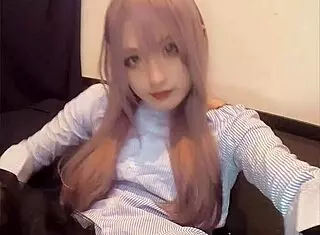 pink-haired erotic crossdresser does anal masturbation with vibrator in japanese video