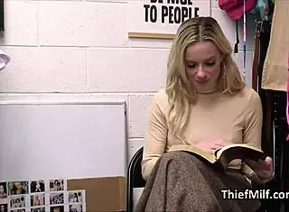 hey, this milf got caught with stolen dildos and drops to her knees in the office