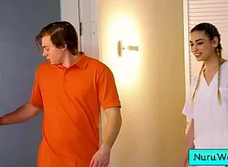 Sexy teen 18+ masseuse Delilah Day tells Anthony Pierce she's covering her naked body in nuru gel for that slippery rub.