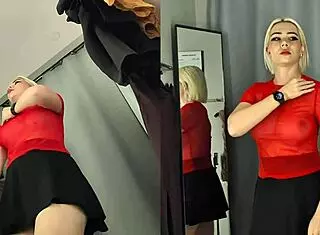 Hidden camera SPIES on blonde MILF with big tits and no panties in changing room.