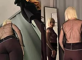 Hidden camera SPIES on blonde MILF with big tits and no panties in changing room.