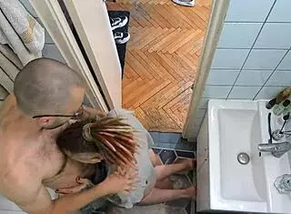 our morning routine kicks off with hard bathroom fuck, destroying her tight wet pussy in doggystyle while she moans as a tattooed muscular guy