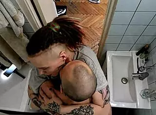 our morning routine kicks off with hard bathroom fuck, destroying her tight wet pussy in doggystyle while she moans as a tattooed muscular guy