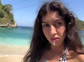 hottie sucks dick on public beach cumwalk with facial