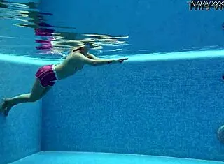 Lady Dee, cute shy Czech teen, swims in pool. She teases with tight petite body and juicy small tits outdoors.