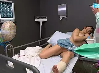 i'm a horny big tits milf masturbating on hospital bed giving stranger handjob cum on tits