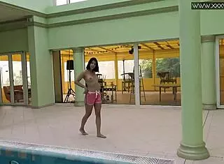 Lady Dee, cute shy Czech teen, swims in pool. She teases with tight petite body and juicy small tits outdoors.