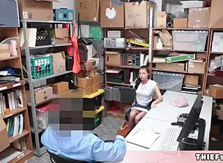 Ellen Page lookalike teen shoplifter gets caught by mall cop for rough doggystyle pussy fucking on petite body in police office