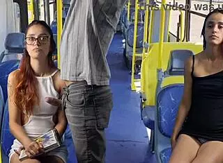 skinny redhead student flashing skirt and getting groped on public bus in interactive fetish scene!