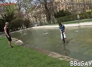 That's one huge knob in this gay porn blowjob contest with bareback action.