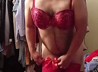 Hey, check out me modeling my new red lingerie with sexy shemale vibes 😘
