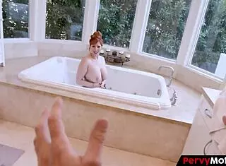 Pervymother step mommy offers deepthroat titty fuck in pool bathroom with wet redhead taboo fantasy.