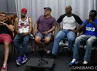 Brunette hottie dives into super juicy gangbang and blowbang with deepthroat action