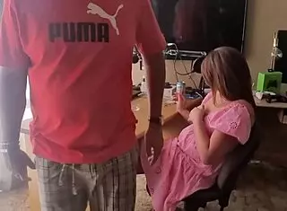 Brunette Amateur Plays With His Cock In Dress Showing Natural Tits At Home