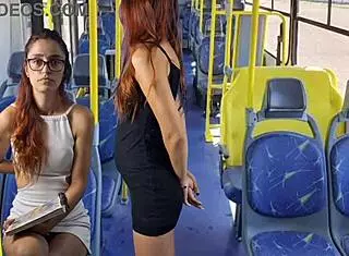 skinny redhead student flashing skirt and getting groped on public bus in interactive fetish scene!