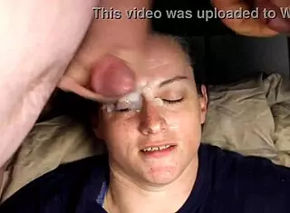 Huge homemade facial blasts cum right into her eyes with close-up double shots and dirty talk action.