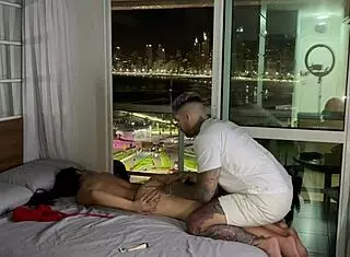 Wet sex toy play with brunette tourist in lingerie