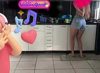 Young sexy skinny Brazilian Sol Megan Fire dances while tidying up the kitchen homemade style.