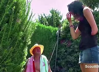 German Daddy Fucks Young Step-Daughter in Garden for Pocket Money. Taboo Outdoor Blowjob Leads to Cumshot in Roleplay Scene.