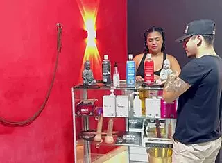 horny saleswoman shows toy usage