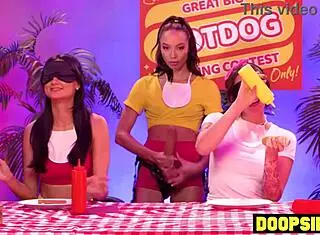 Kinky ebony babe straps on to pound blonde and curvy competitors in wild interracial lesbian threesome game 😜