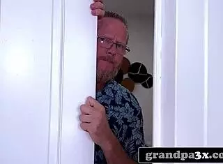 granddad duo gets wild with young 18+ brunette taking both before party