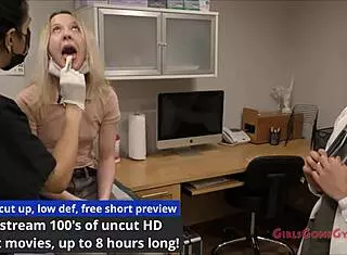 Dirty dermatologist Stacy Shepard fingers petite blonde patient's shaved pussy and ass in hospital with gloves and tickling