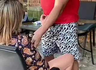 I take stepmom outdoors for mutual masturbation fingering her shaved pussy until squirting creampie in doggystyle