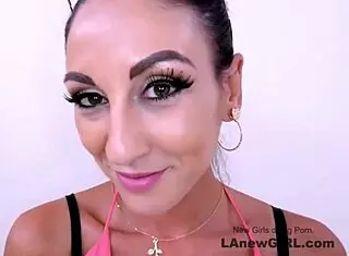 Gorgeous Italian brunette model takes cum in pussy during horny casting interview on sofa.