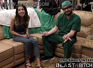 Aria Nicole's petite pussy spreads close up during orgasm with cum blast and moaning in latex gloves behind scenes.