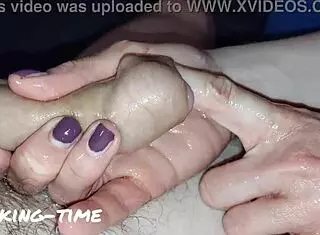 Slut wife dominates with oiled handjob on big cock during kinky british femdom milking session.