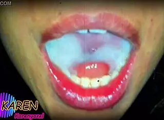 Karen teases with huge cumshot in mouth and jizz on tongue in slow motion.