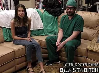 Aria Nicole's petite pussy spreads close up during orgasm with cum blast and moaning in latex gloves behind scenes.