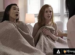 Controlling MILF Reagan Foxx catches and spanks stepdaughter Kimmy Kimm in lesbian threesome