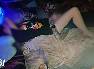 we shared intimate moments on a squeaky illuminated hotel bed with soft lighting