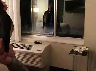 Amateur prostitute in see through short dress has fun with public blowjob and doggystyle in hotel areas with thong panties visible.