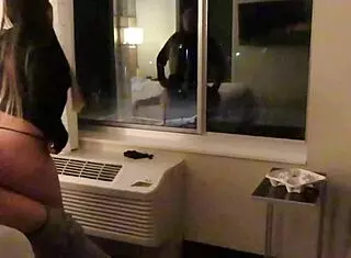 Amateur prostitute in see through short dress has fun with public blowjob and doggystyle in hotel areas with thong panties visible.