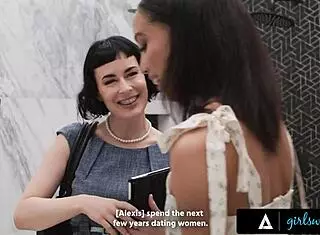 Busty brunette Olive Glass contrasts with petite Alexis Tae in rough interracial lesbian strapon drilling and pussy licking.