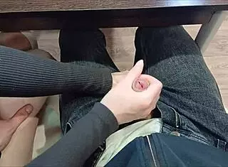 European teen 18+ jerks off classmate's big cock during lecture in skirt with close up homemade fetish action