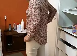 Beautiful stepmother flashed her big tits and hairy pussy so I could masturbate and cum watching her solo curvy lingerie show