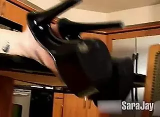 Sa Jay masturbates her mature cunt in the kitchen with big tits, big ass, lingerie, and long hair focus.