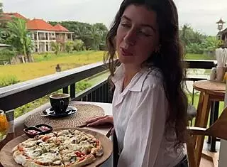 eating pizza with cum on my face in public cafe pov
